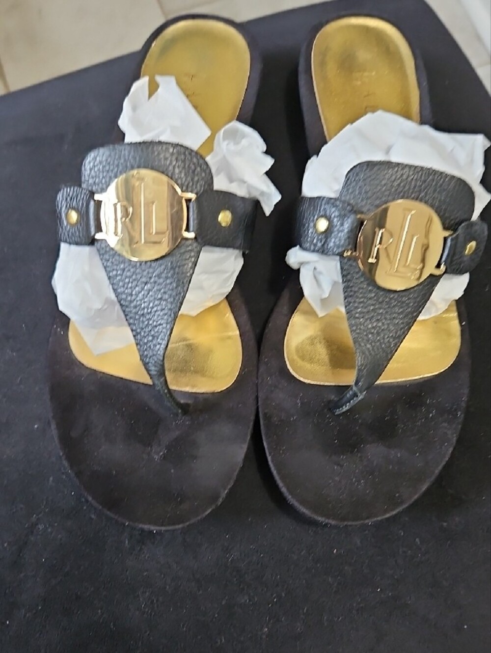 Lauren Ralph Lauren Black Leather Thong Sandals with Gold Logo Medallions